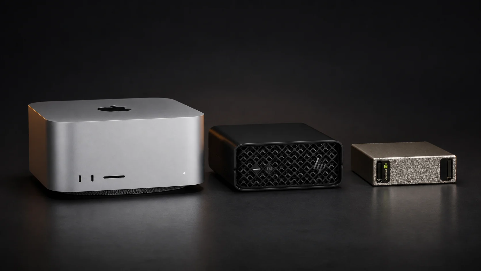 The three LocallyAI hardware paths side by side: Apple Mac Studio, HP Z2 Mini Strix Halo and NVIDIA DGX Spark