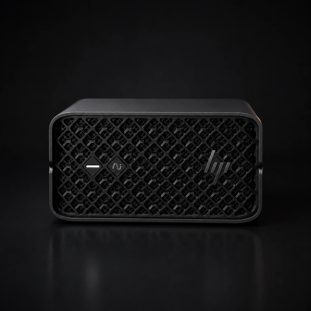 An HP Z2 Mini G1a Strix Halo workstation photographed against a dark background