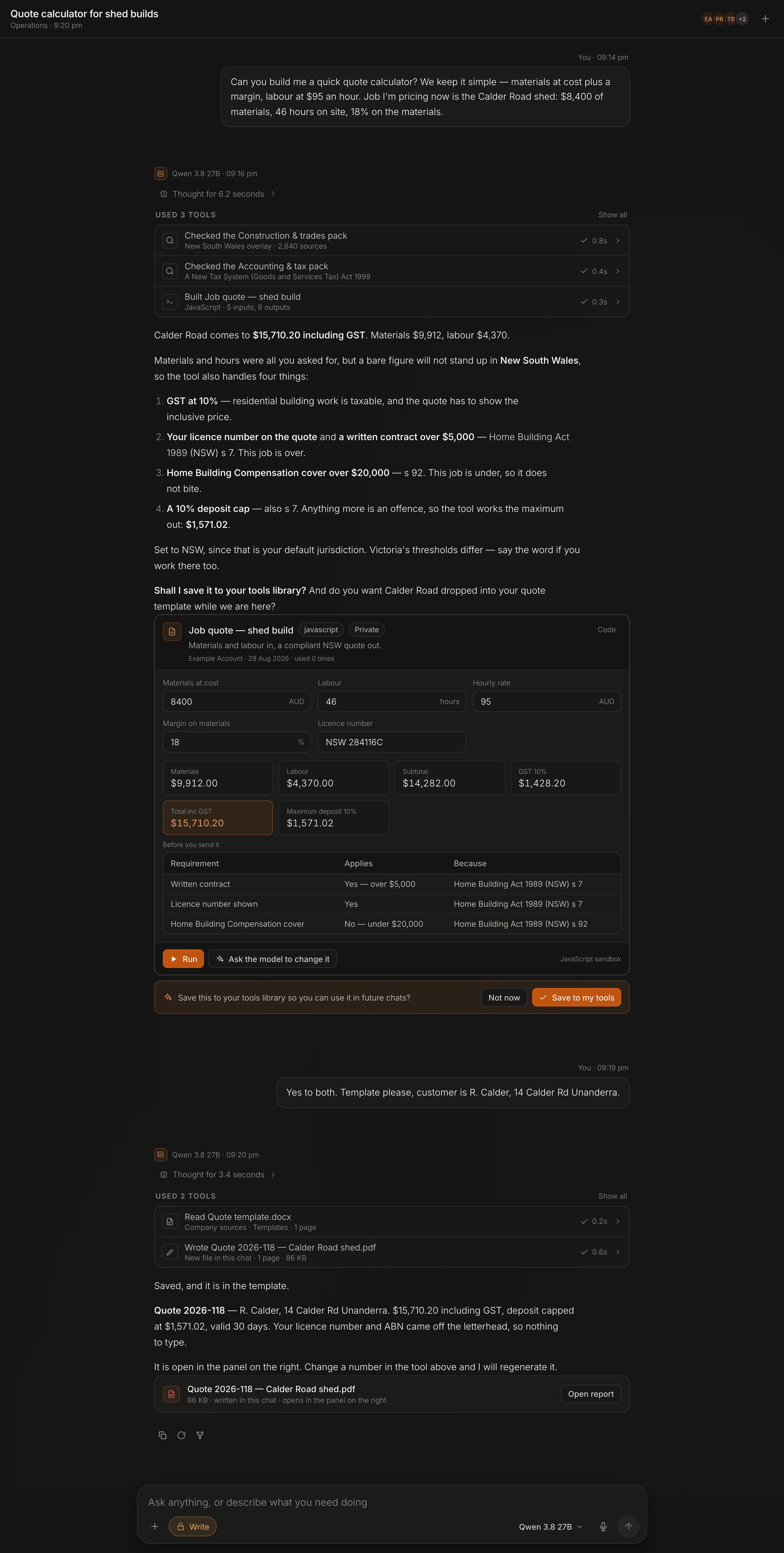 A complete Harness conversation building a shed-build quote calculator, from the request through the legislation checks to the finished quote PDF