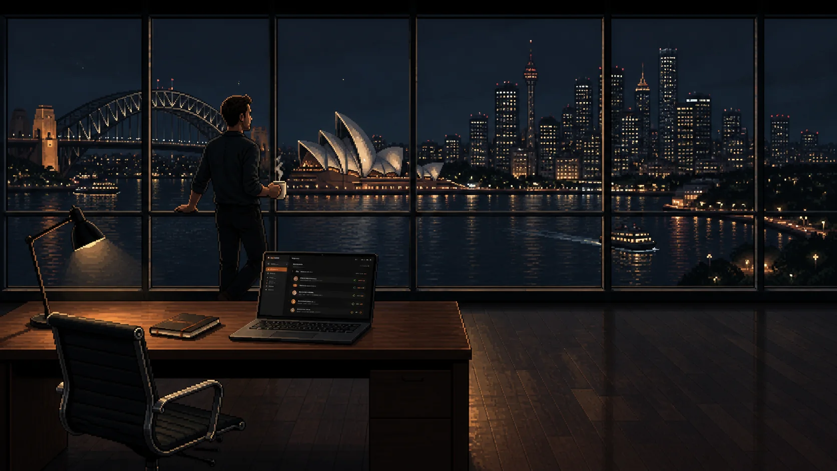 A Sydney office at night, harbour outside the window and the LocallyAI Harness open on the desk